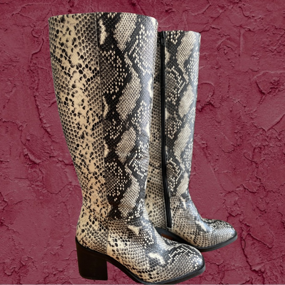 Tall Snake Print Textured Leather Boots